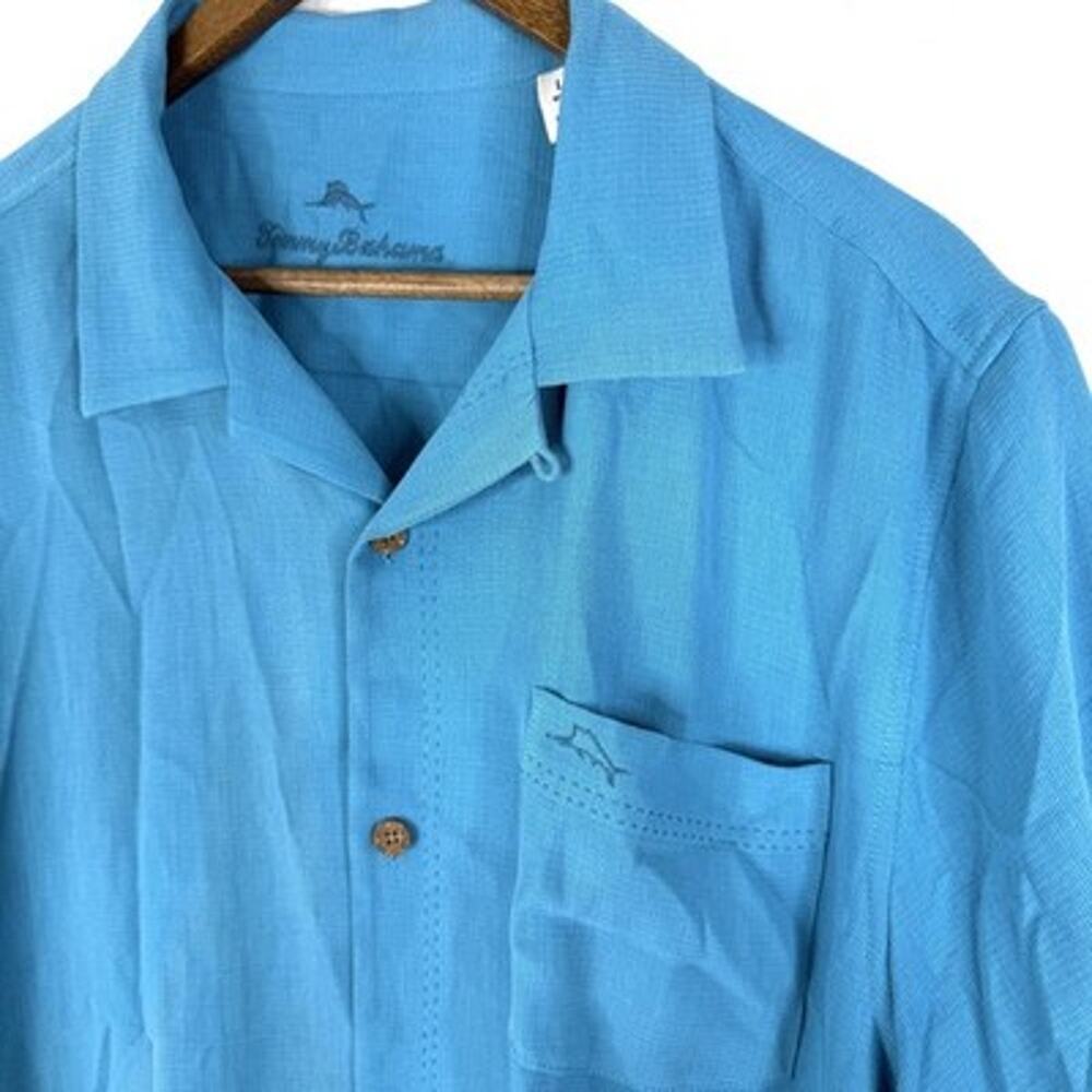 Tommy Bahama Silk Blend Shirt Mens Large Blue Short Sleeve Button Up Camp
